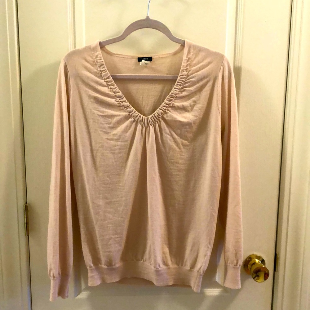 J Crew Merino Wool Gathered V Neck Sweater XL Pink